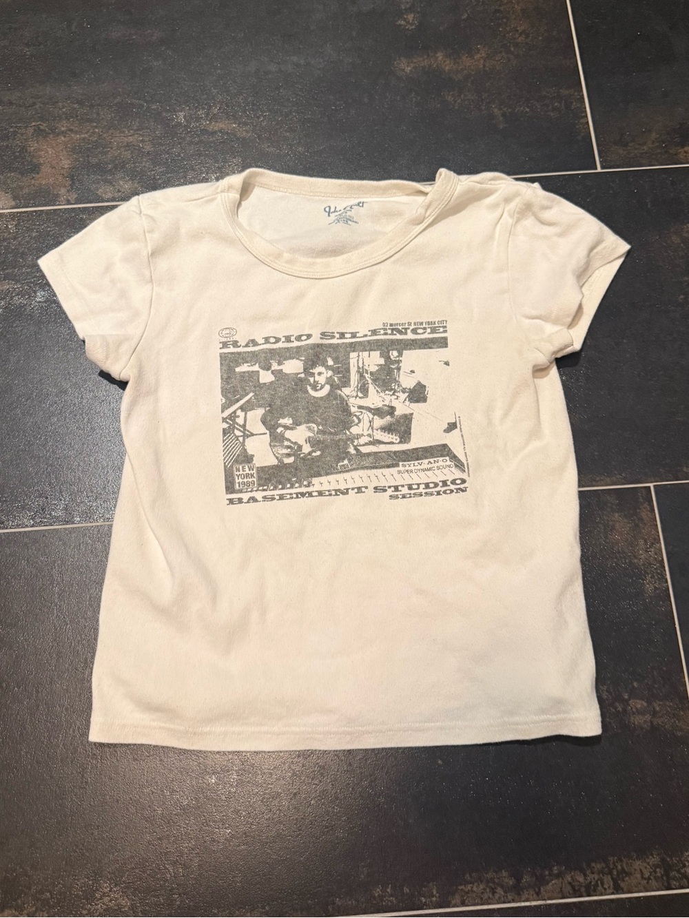 Brandy Melville John Galt Cream Radio Silence Basement Studio Graphic Baby Tee